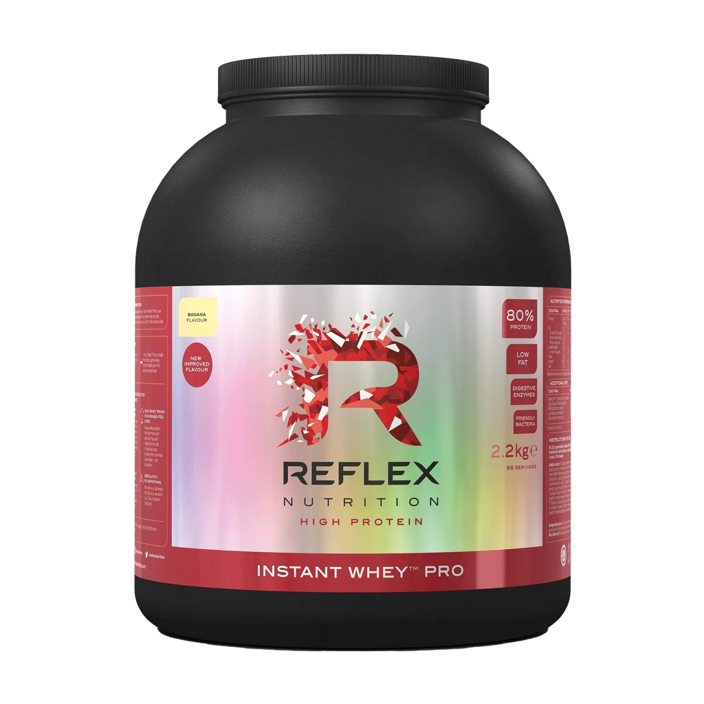 Black and red Reflex Nutrition Instant Whey Pro protein powder tub for nutrition instant whey