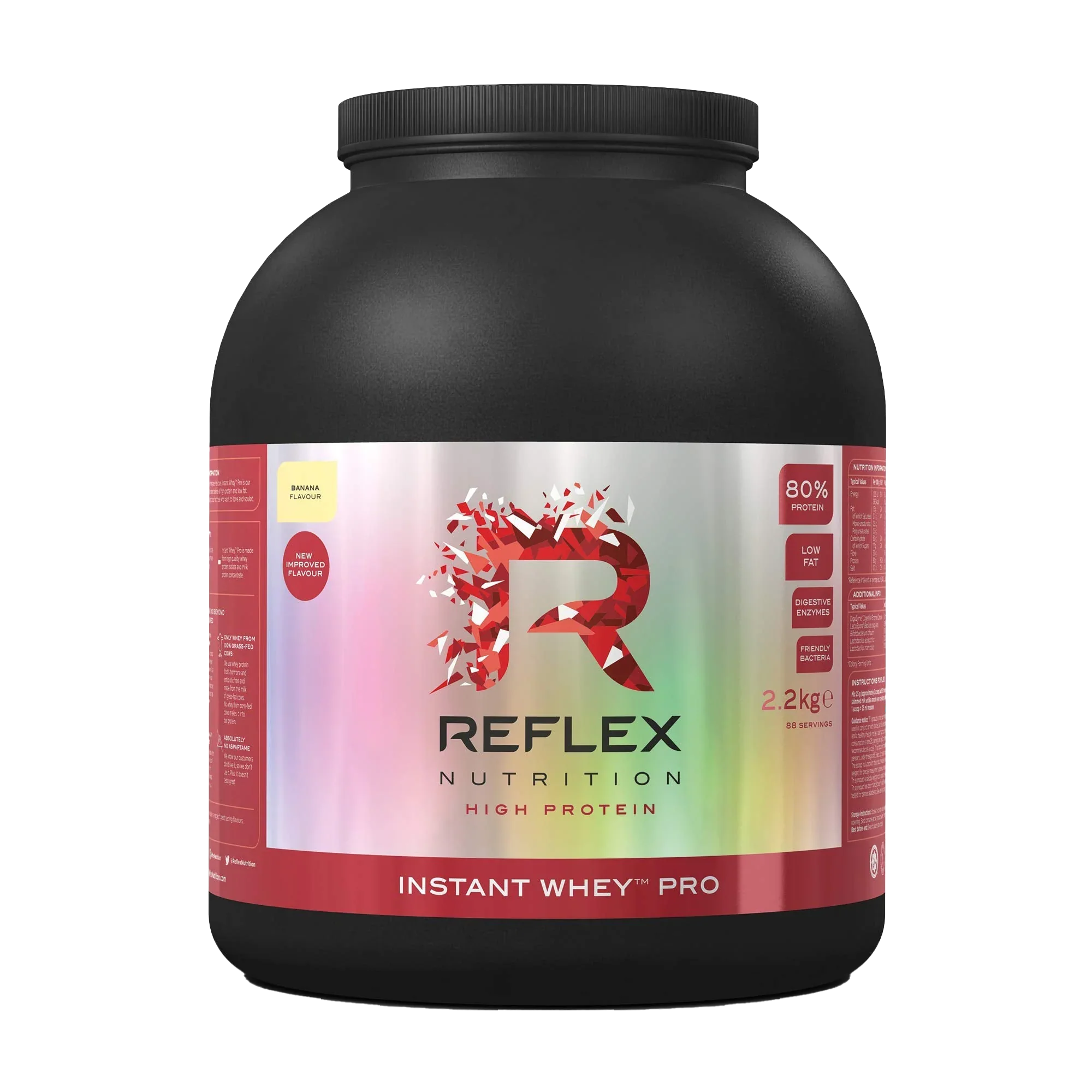 Black and red Reflex Nutrition Instant Whey Pro protein powder tub for nutrition instant whey