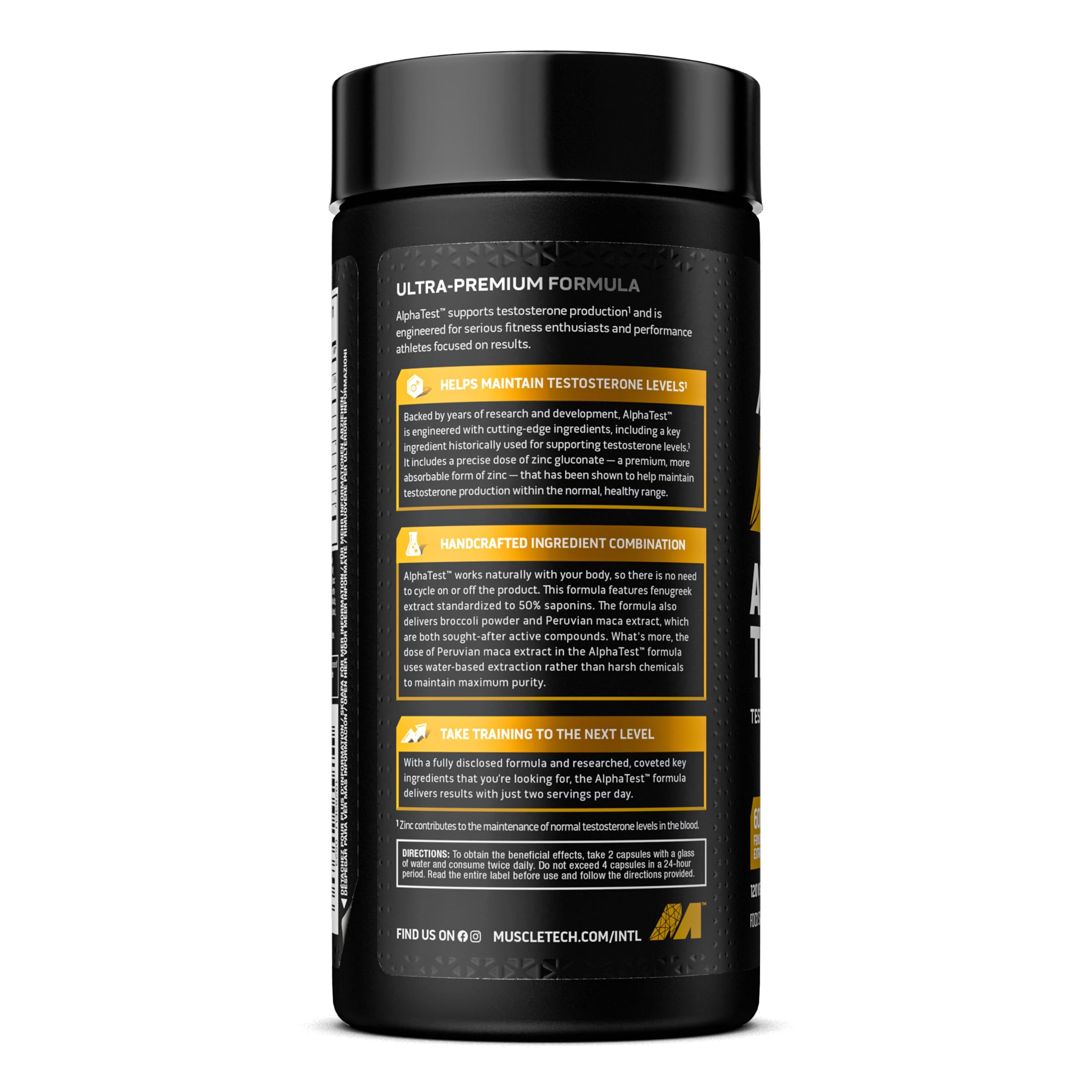 Black cylindrical container of Muscletech Alpha Test testosterone support with zinc gluconate
