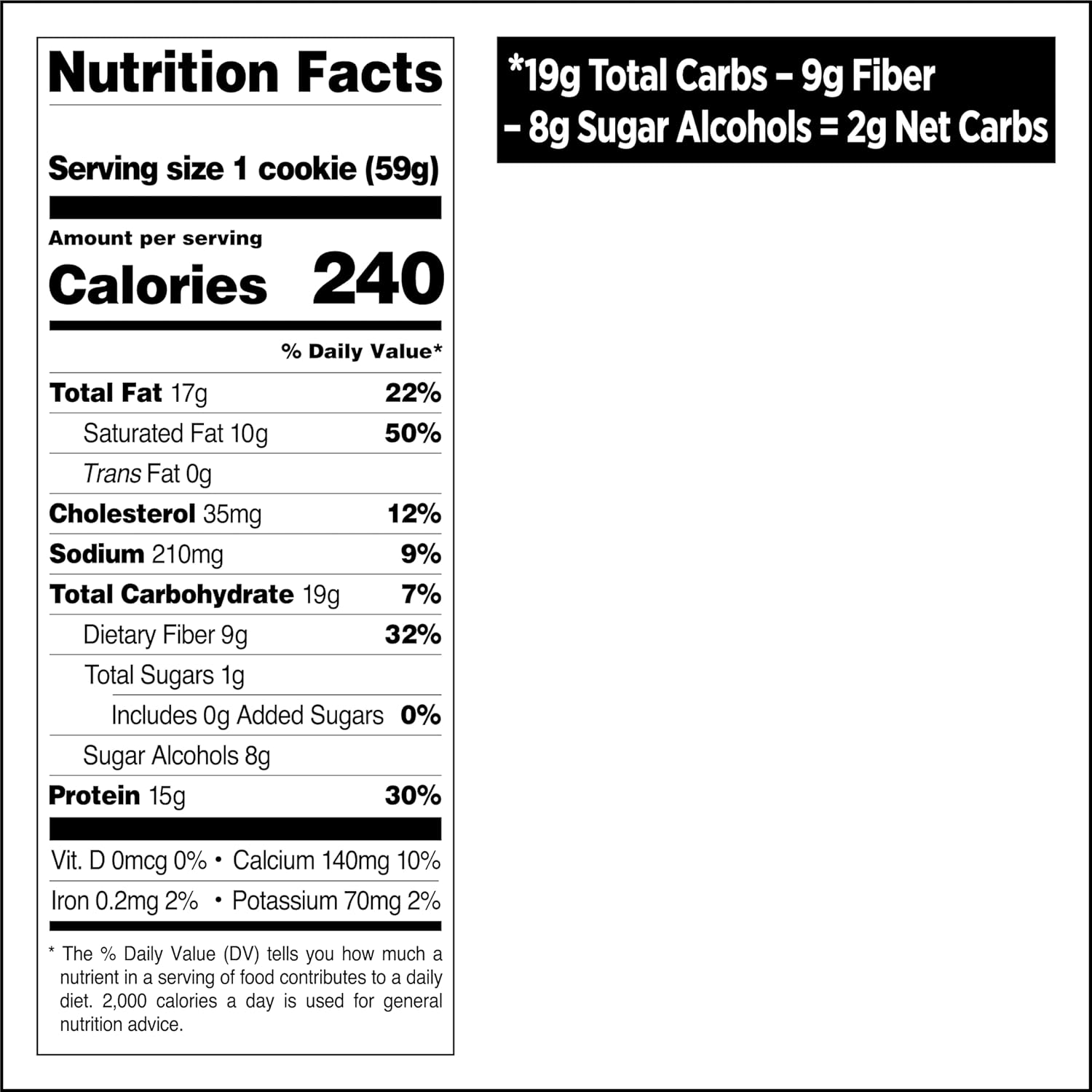 Nutrition facts label for a Quest Nutrition Cookie with chewy white chocolate macadamia