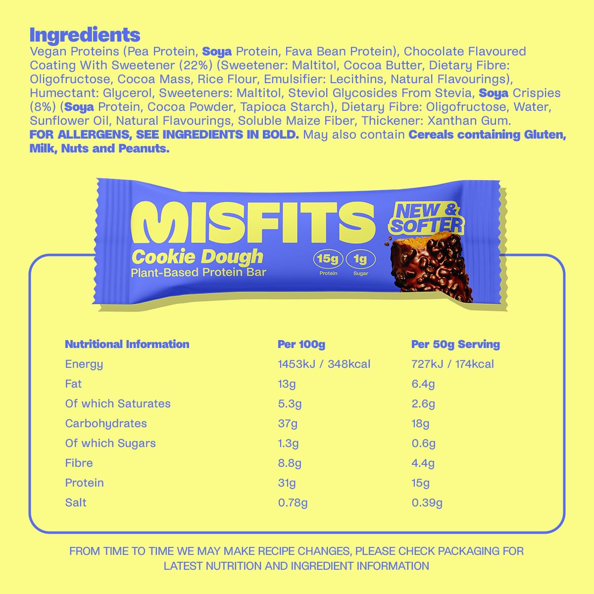 Misfits Plant-Based Protein Bar with cookie dough flavor and nutritional info
