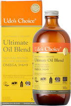 Organic Omega 3-6-9 oil blend in glass bottle for Udo’s Choice Ultimate Oil Blend
