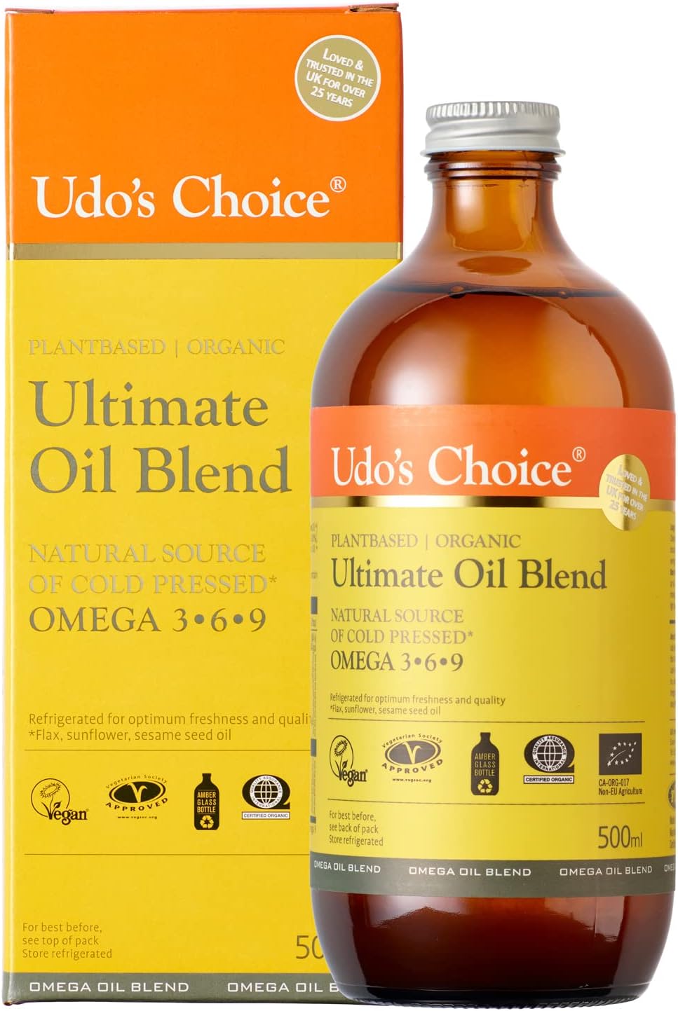 Organic Omega 3-6-9 oil blend in glass bottle for Udo’s Choice Ultimate Oil Blend