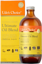 Udo’s Choice Ultimate Oil Blend organic with essential fatty acids in dark glass bottle