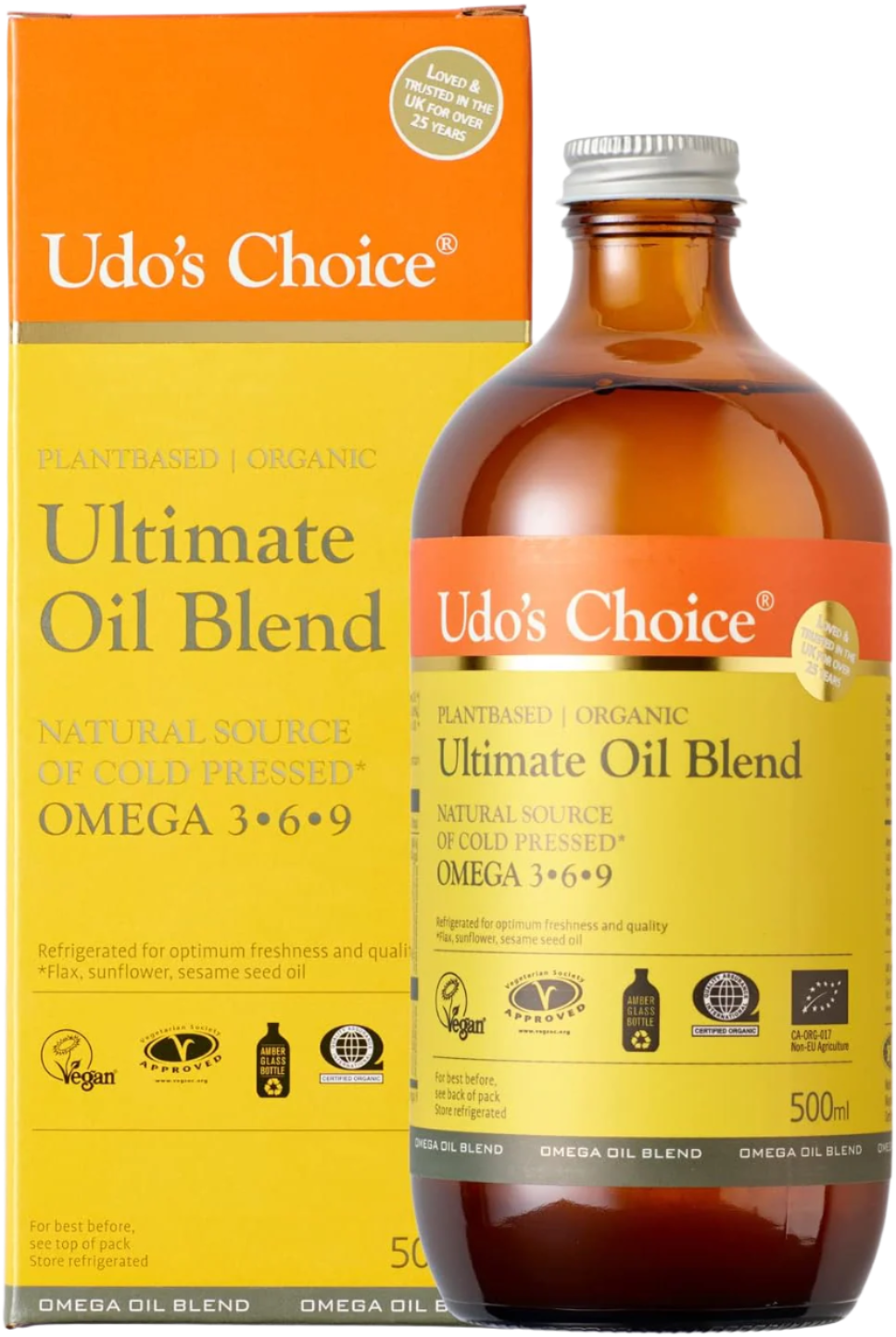 Udo’s Choice Ultimate Oil Blend organic with essential fatty acids in dark glass bottle