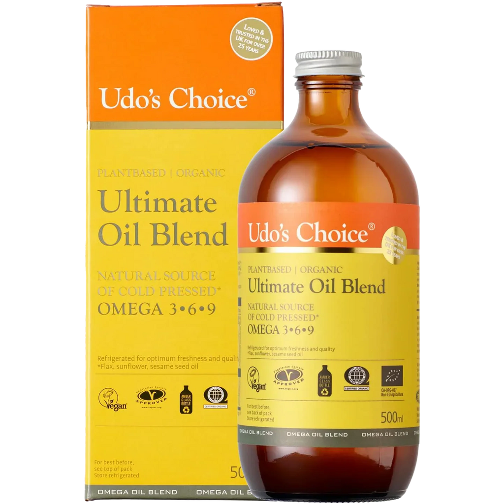 Bottle and box of Udo’s Choice Ultimate Oil Blend organic with essential fatty acids