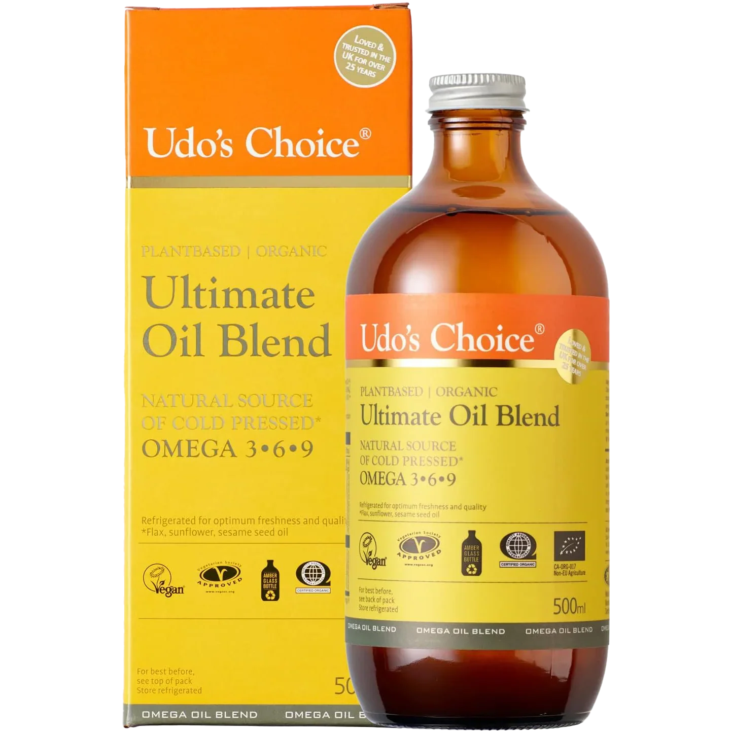 Bottle and box of Udo’s Choice Ultimate Oil Blend organic with essential fatty acids