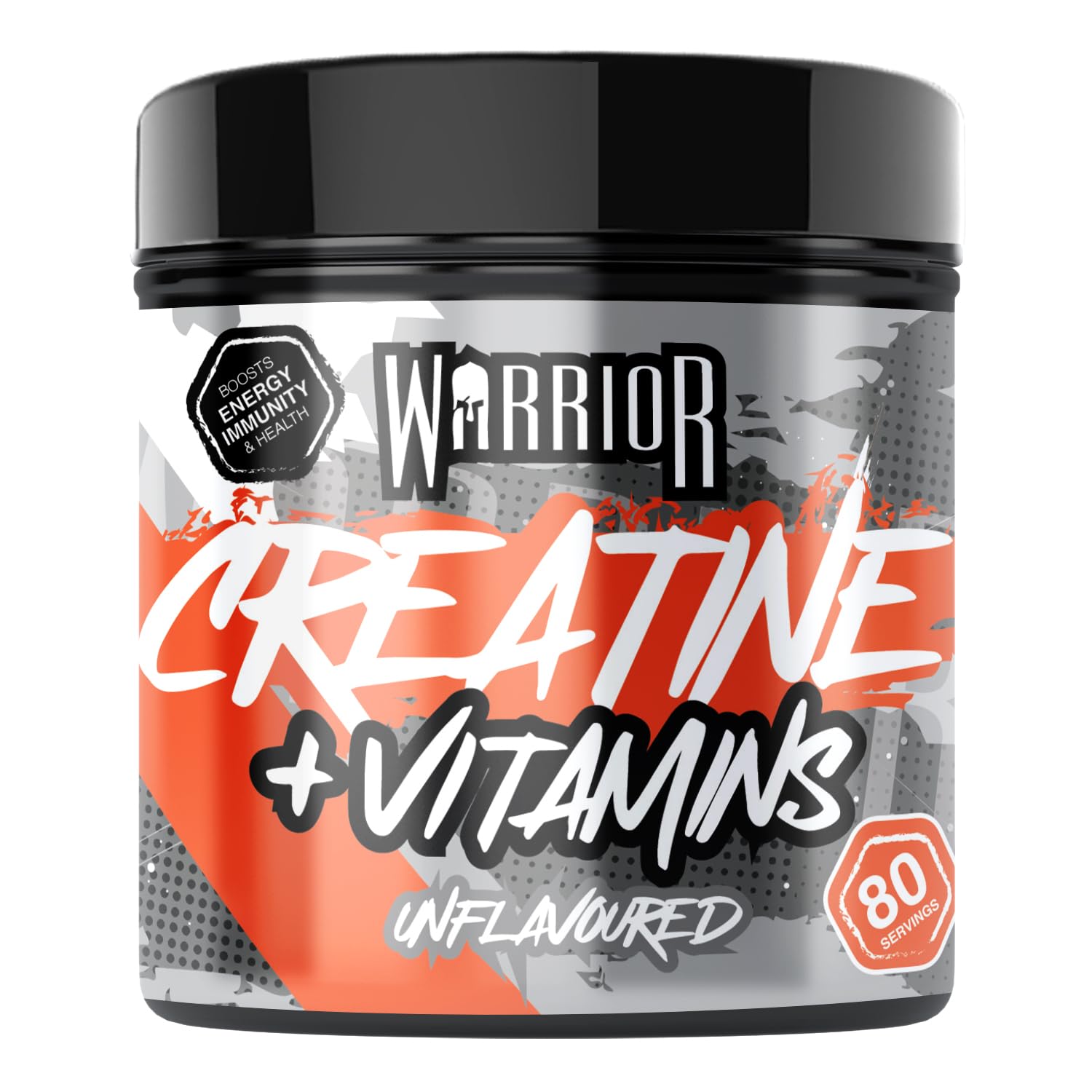 Warrior Creatine Plus Vitamins tub with unflavored creatine and vitamins for energy