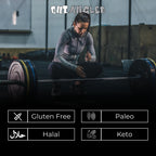 Woman in athletic wear ready to lift weights with Outangled Beef Iso Plus protein