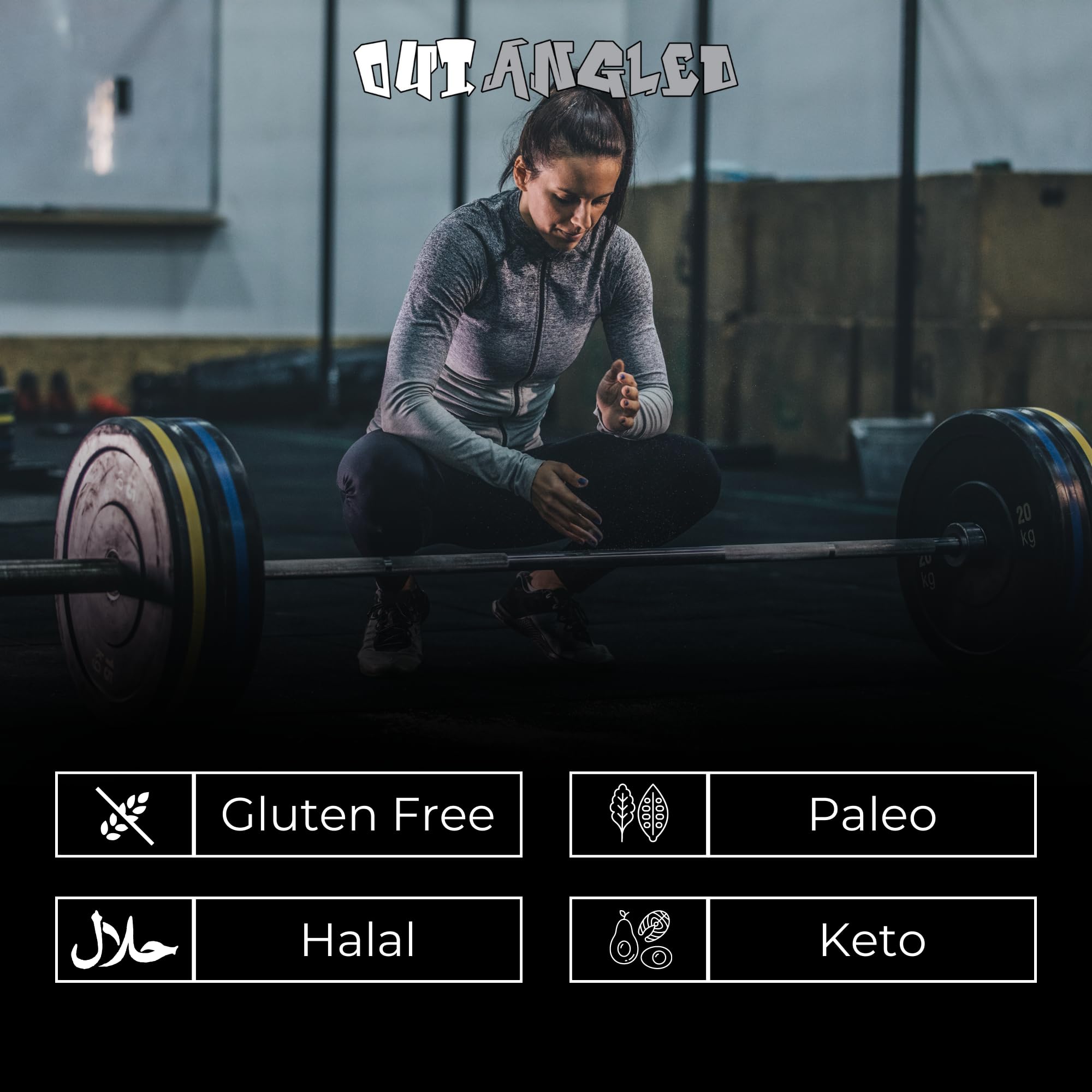 Woman in athletic wear ready to lift weights with Outangled Beef Iso Plus protein