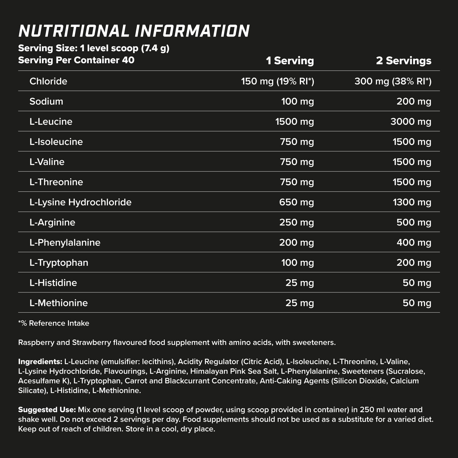 Nutritional info label for XTEND EAAS food supplement showing ingredients and values