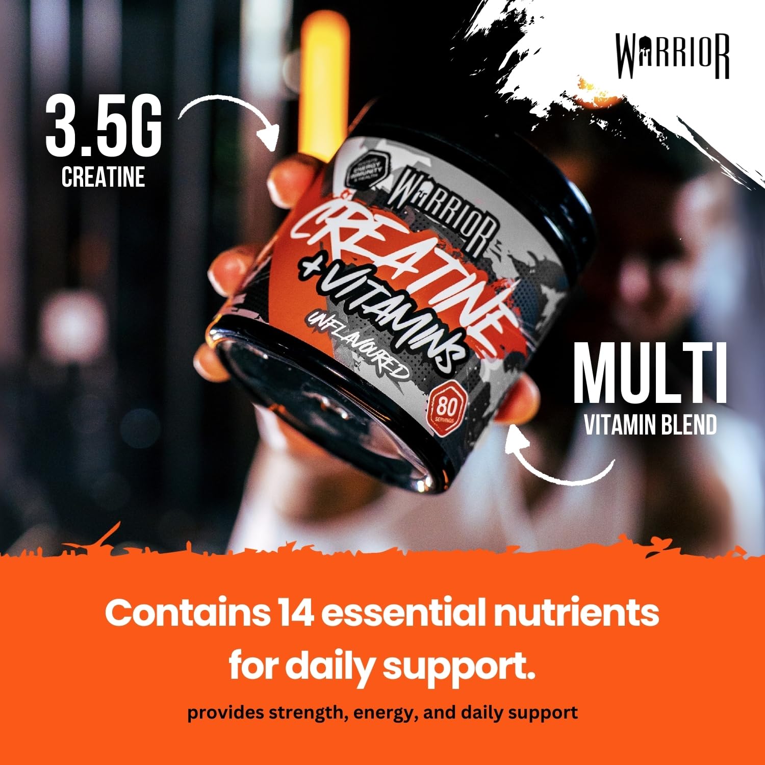 Warrior Creatine Plus Vitamins tub with creatine and vitamins on Guinness Road