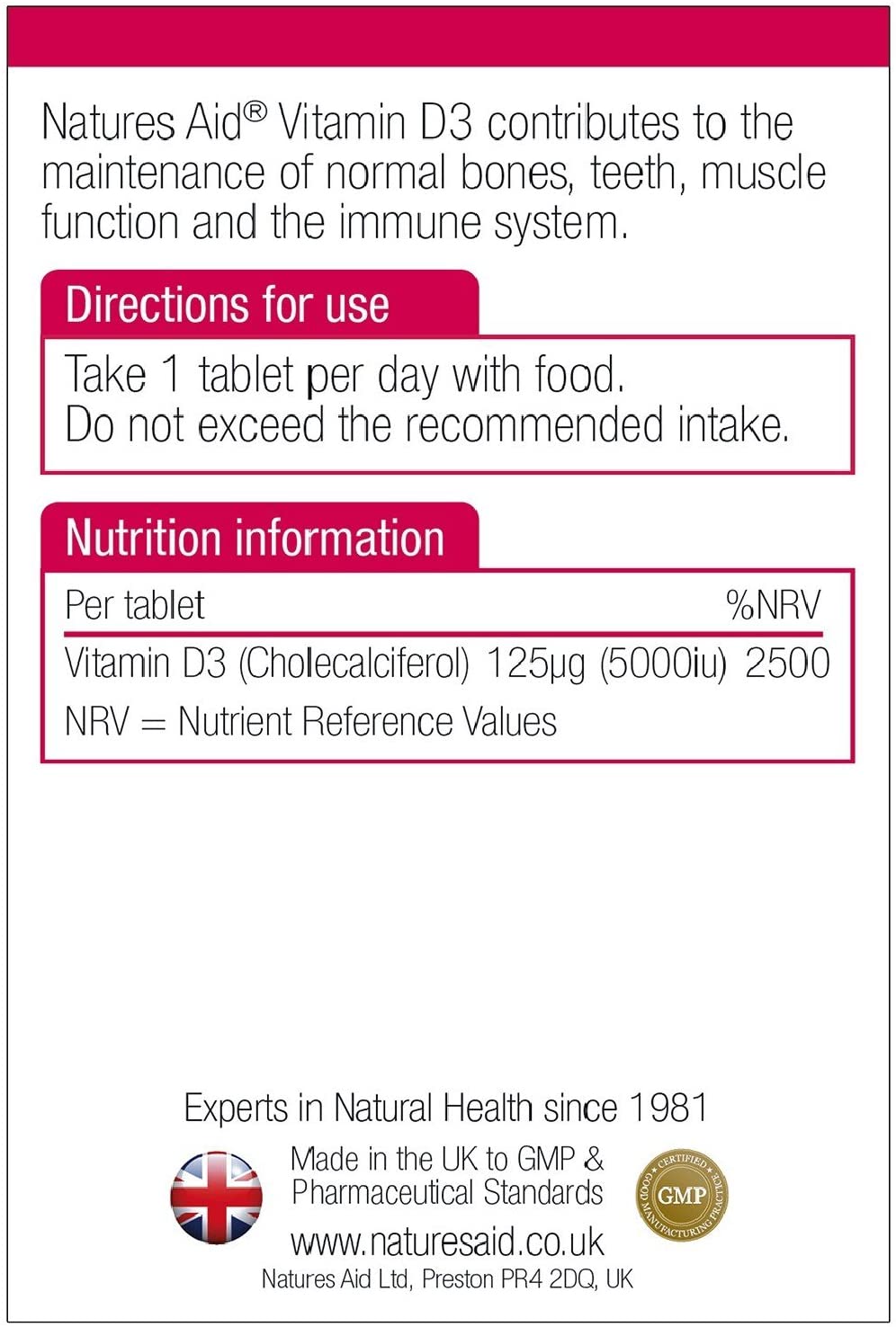 Natures Aid Vitamin D3 5000iu (125ug) High Strength - 60 Tabs - Vitamin D3 Capsules