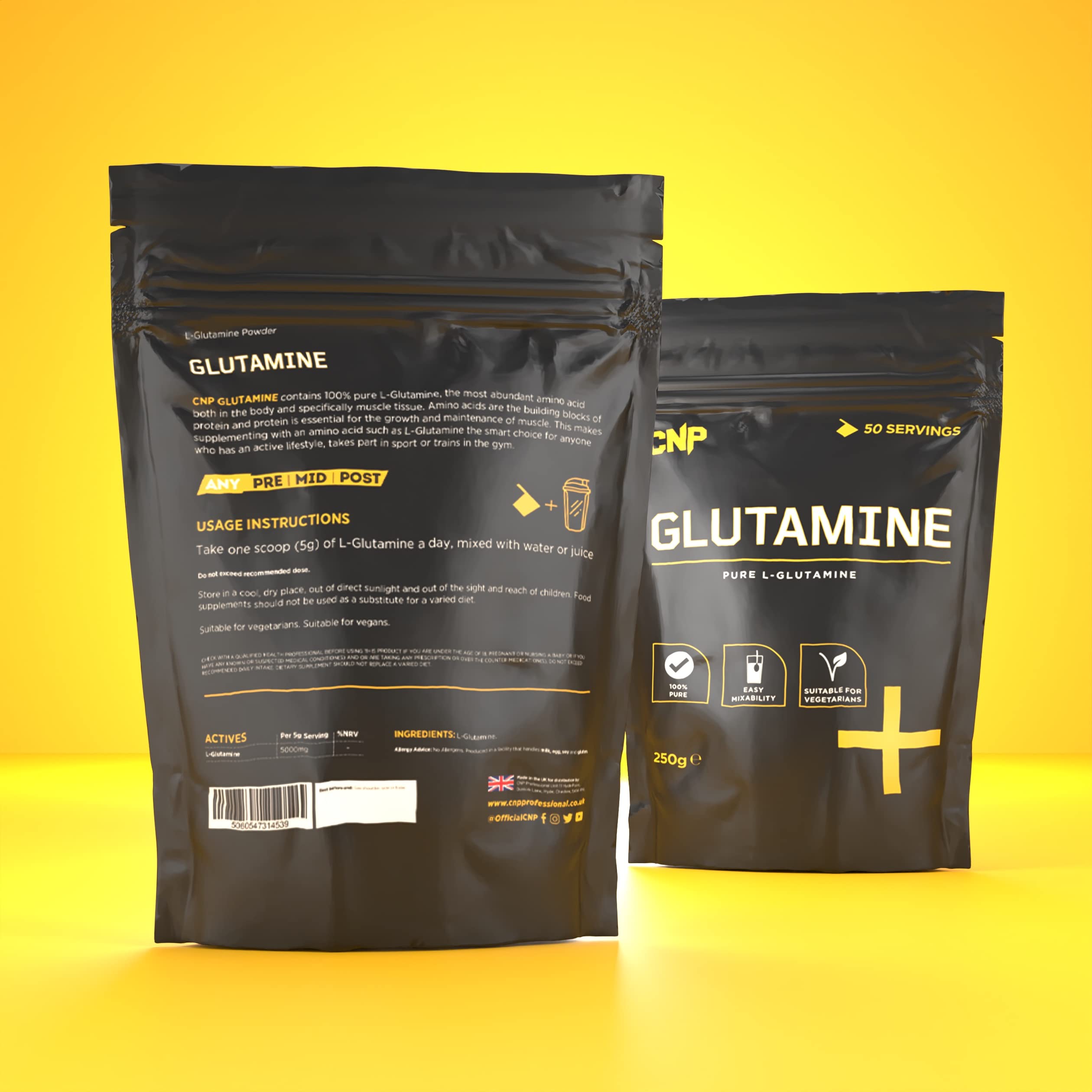 Two black CNP Glutamine pouches with pure L-Glutamine Monohydrate for muscle recovery