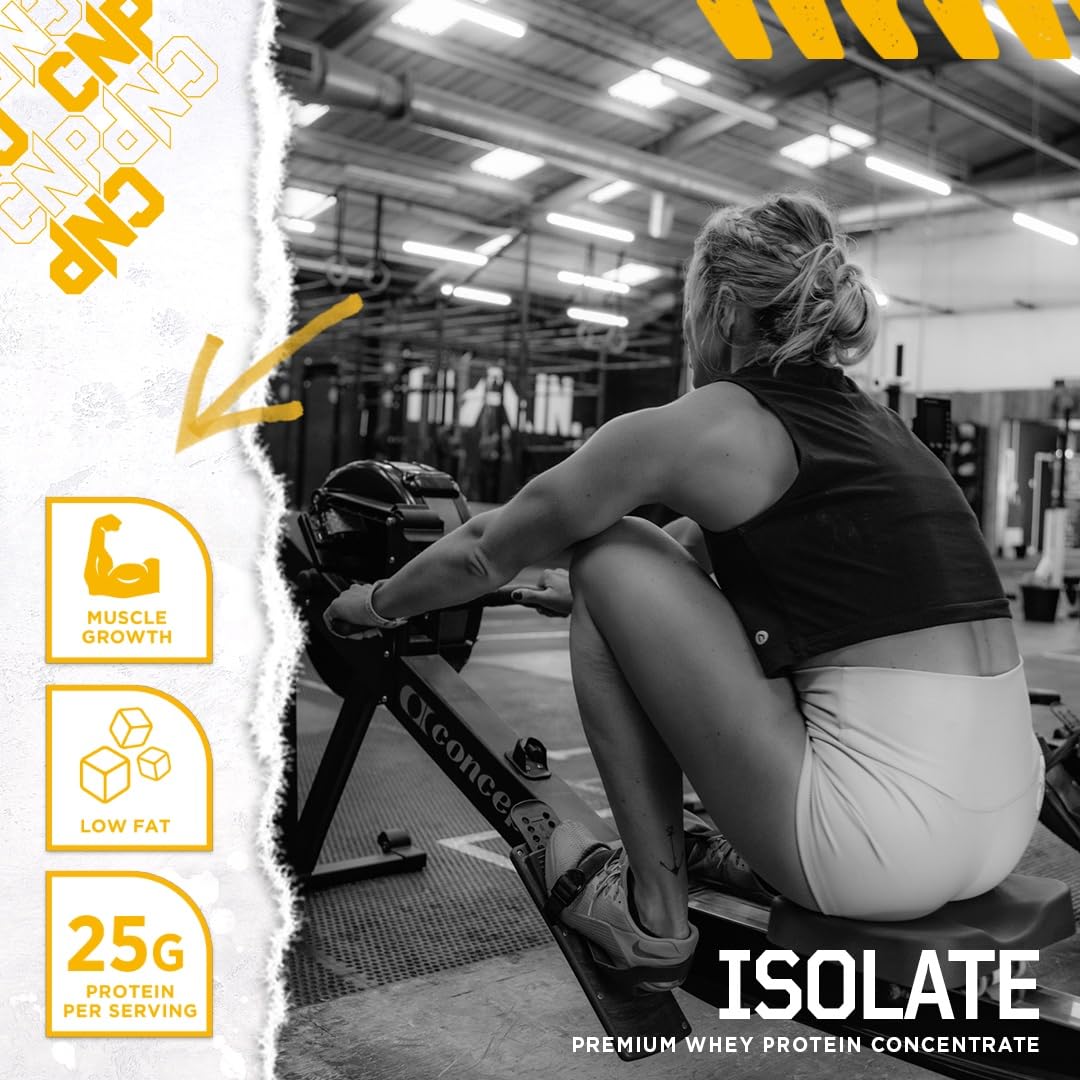 Woman using rowing machine with CNP Isolate whey protein for essential amino acids