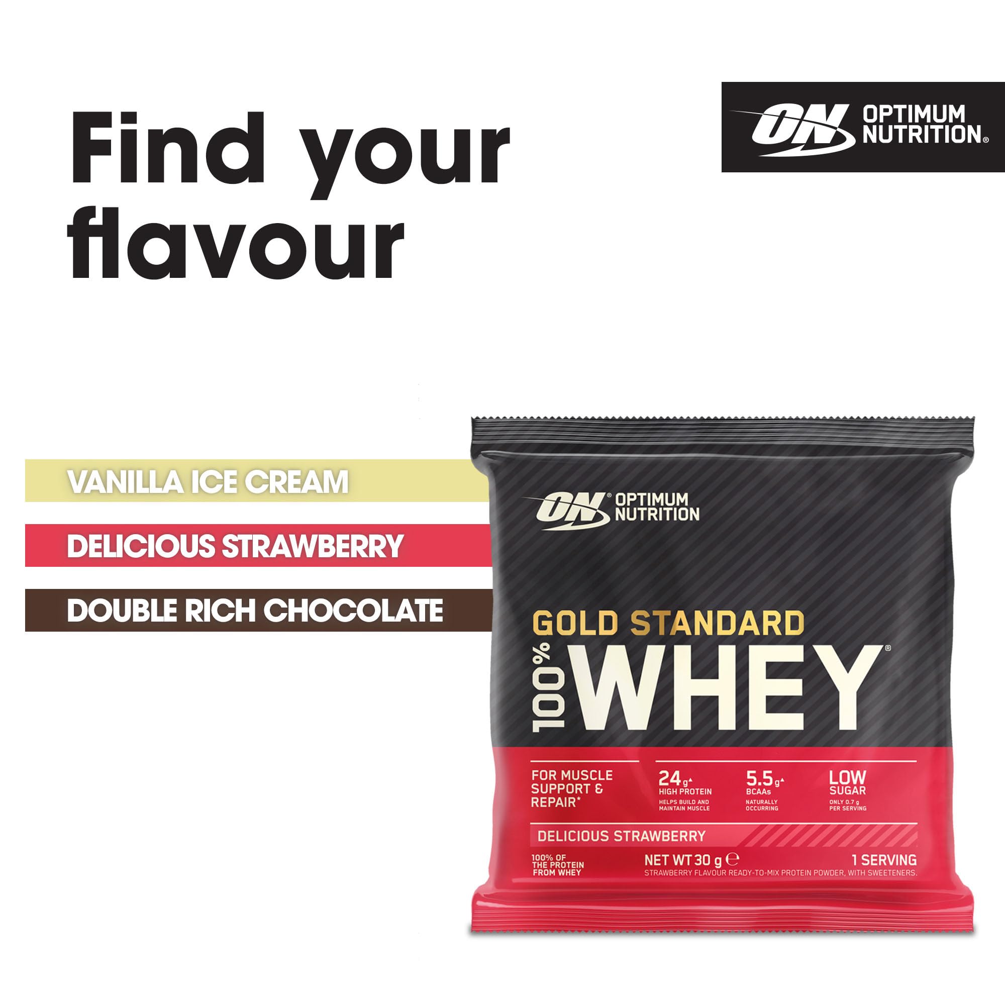 Single-serving strawberry whey protein pouch from Optimum Nutrition Gold Standard for fitness goals