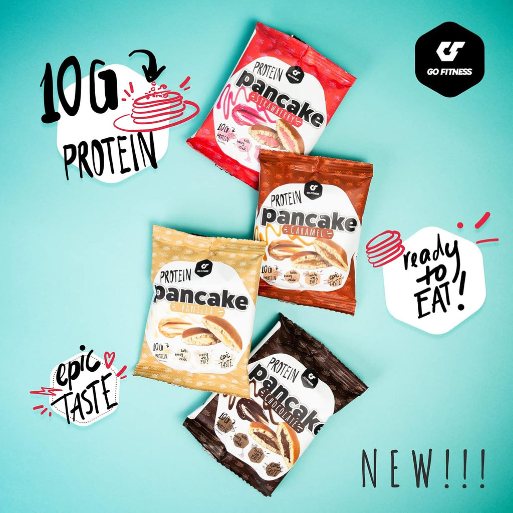 Four packets of Go Fitness Protein Pancake with delicious whipped protein flavors