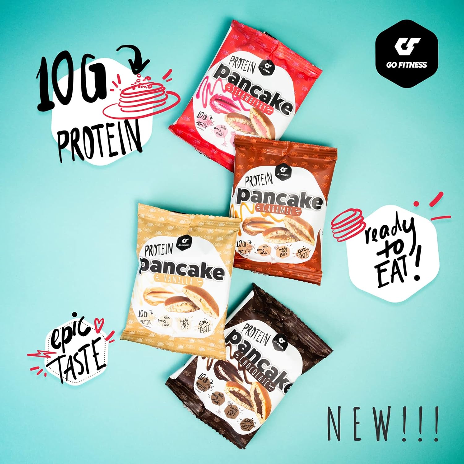 Four packets of Go Fitness Protein Pancake with delicious whipped protein flavors