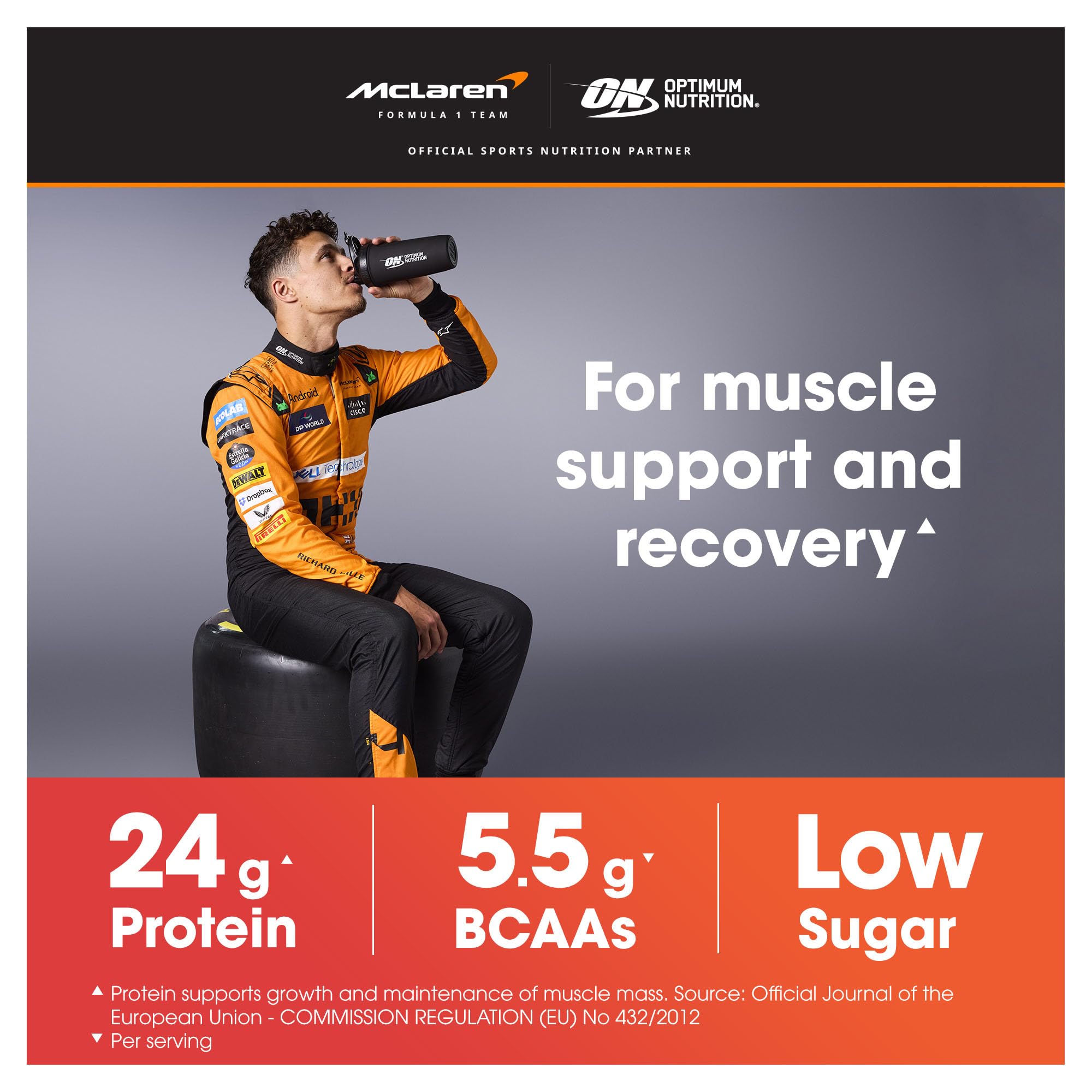 Male athlete in racing suit drinking from shaker with Optimum Nutrition Gold Standard whey protein