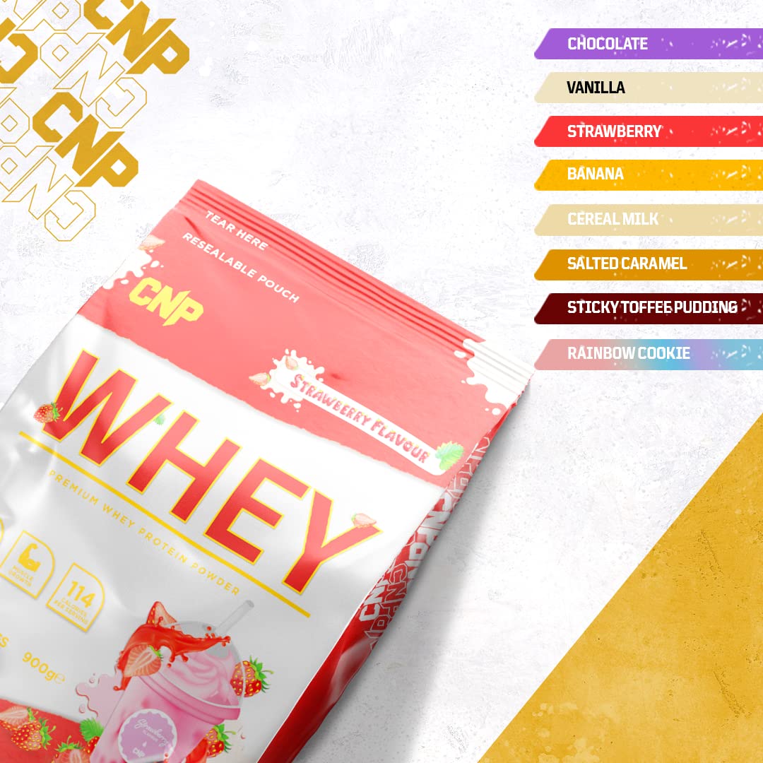 Resealable pouch of strawberry-flavored CNP Whey Protein Powder for muscle support