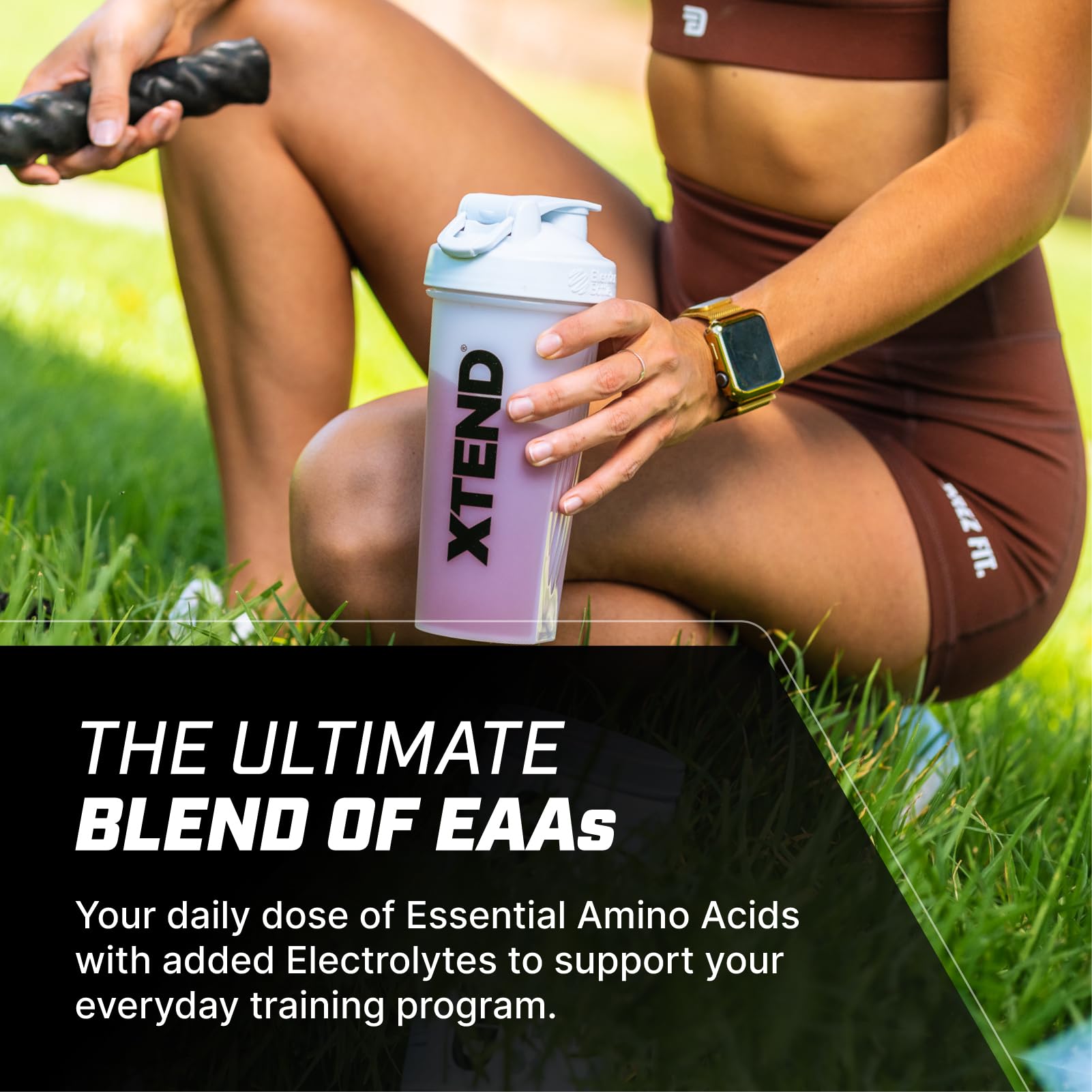 XTEND EAAS shaker bottle with light purple liquid and white lid for workout recovery