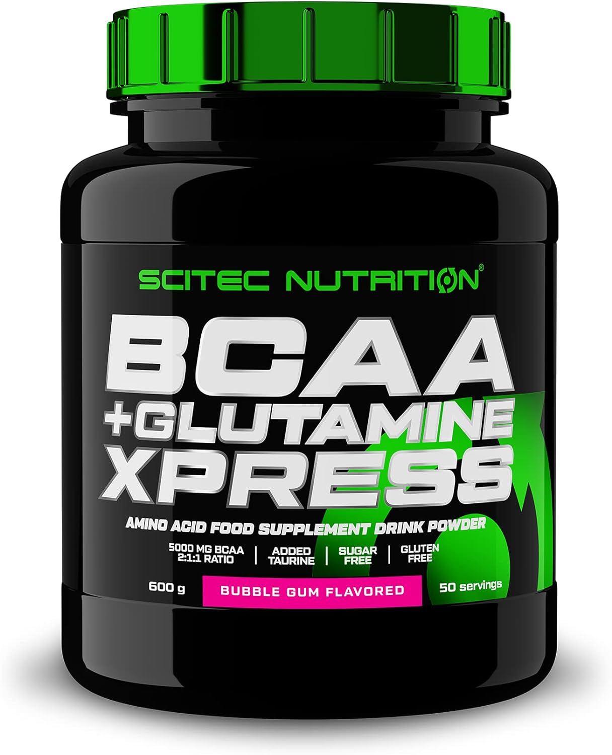 Black tub of Scitec Nutrition BCAA + Glutamine Xpress supplement powder with green lid