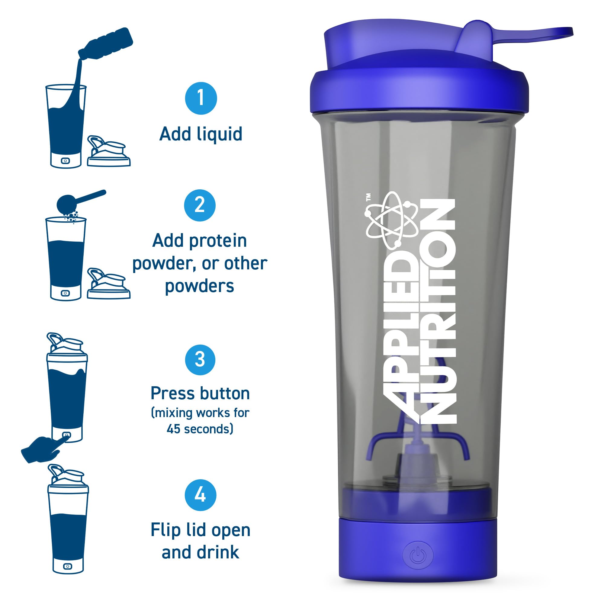 Applied Nutrition Tornado Electric Shaker 700ml with purple and clear design and mixing tips