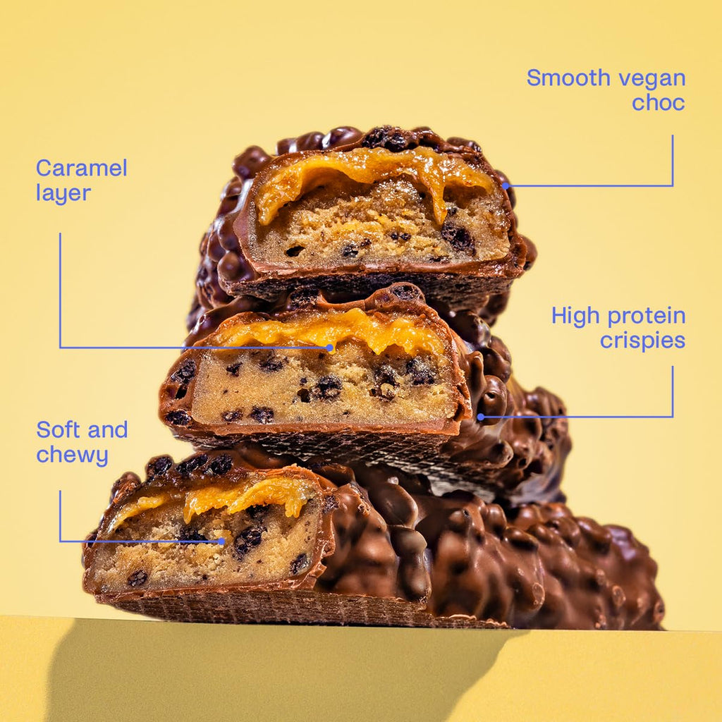 Stack of Misfits Plant-Based Protein Bar with cookie dough caramel and crispy layers