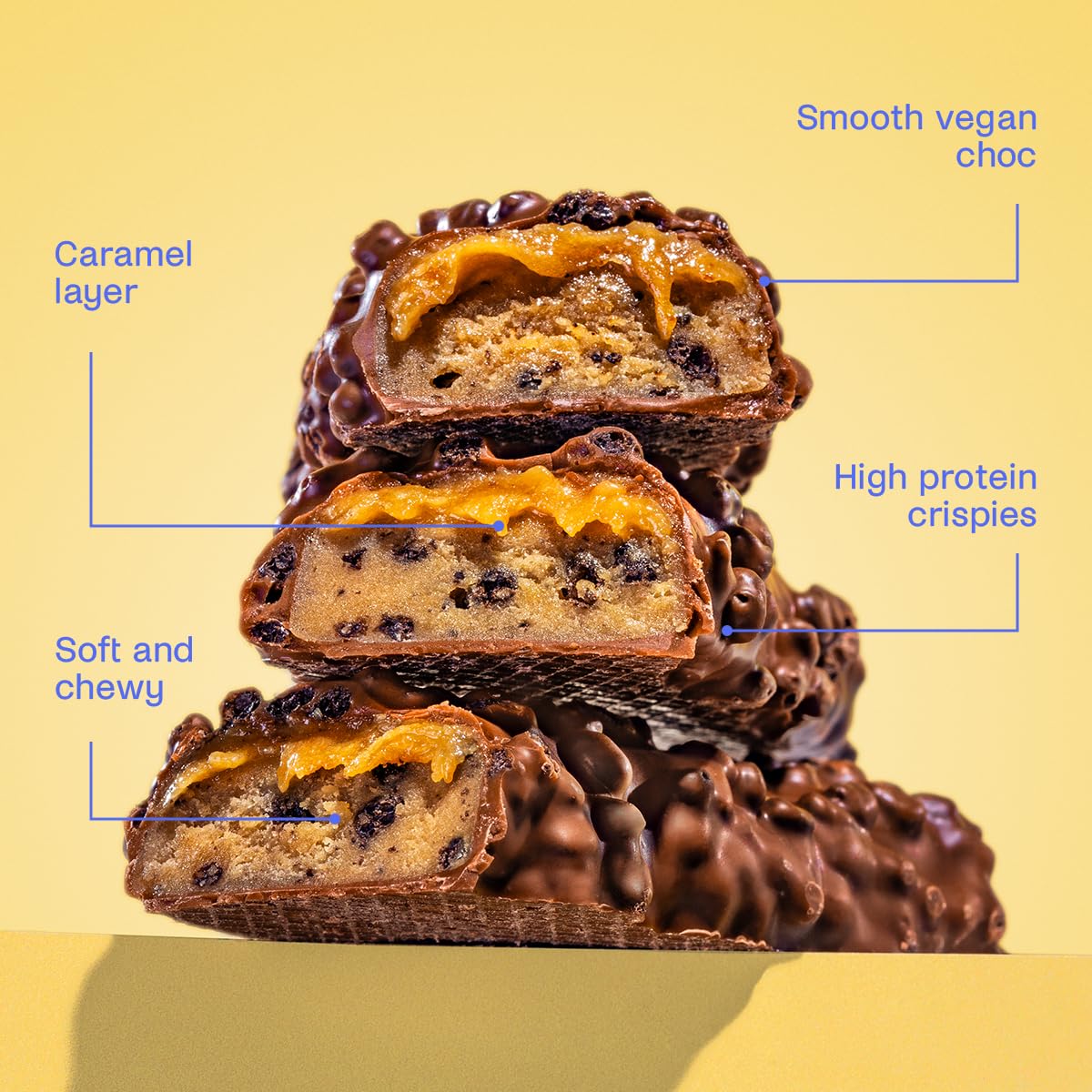 Stack of Misfits Plant-Based Protein Bar with cookie dough caramel and crispy layers