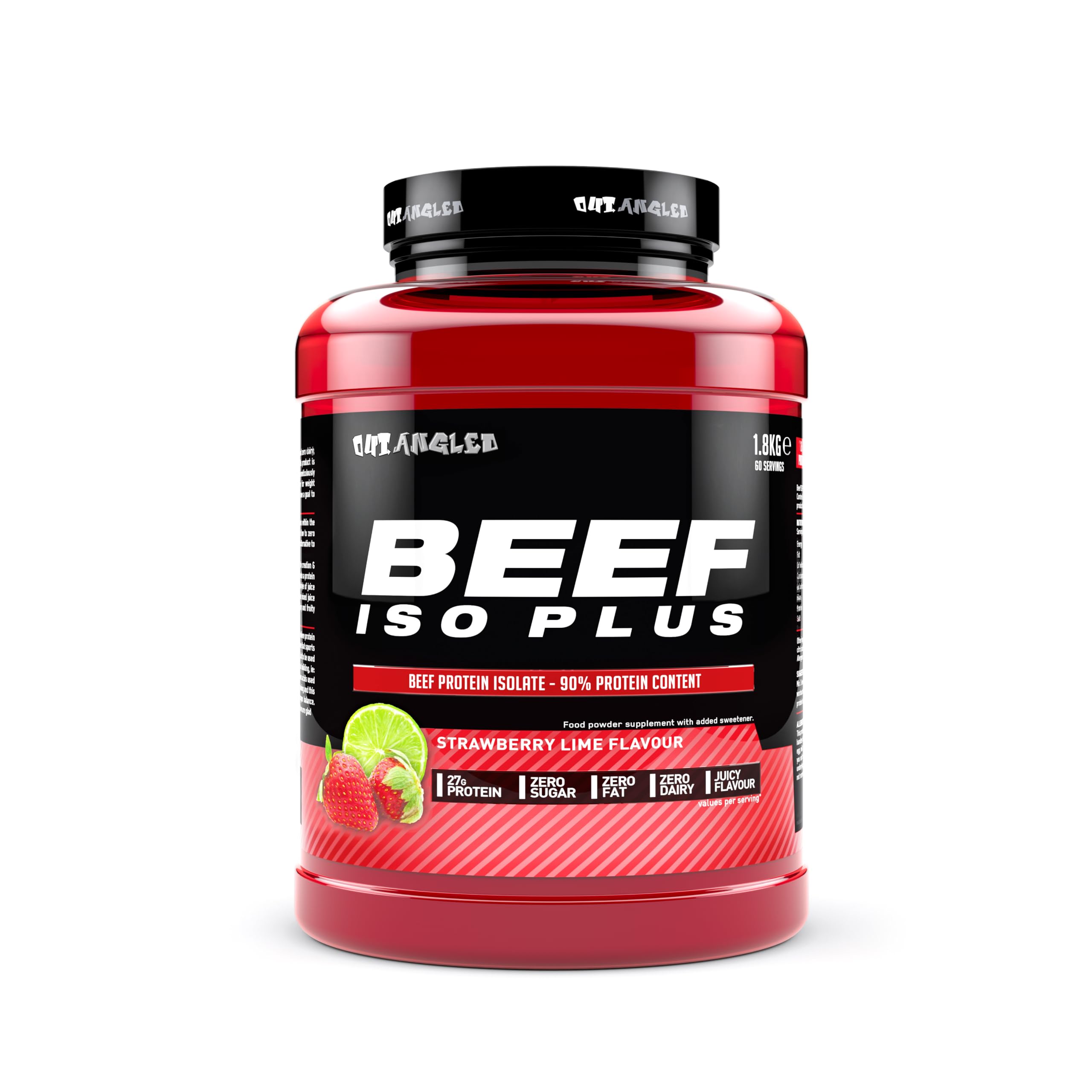 Outangled Beef Iso Plus protein powder container with strawberry lime flavor, beef protein isolate