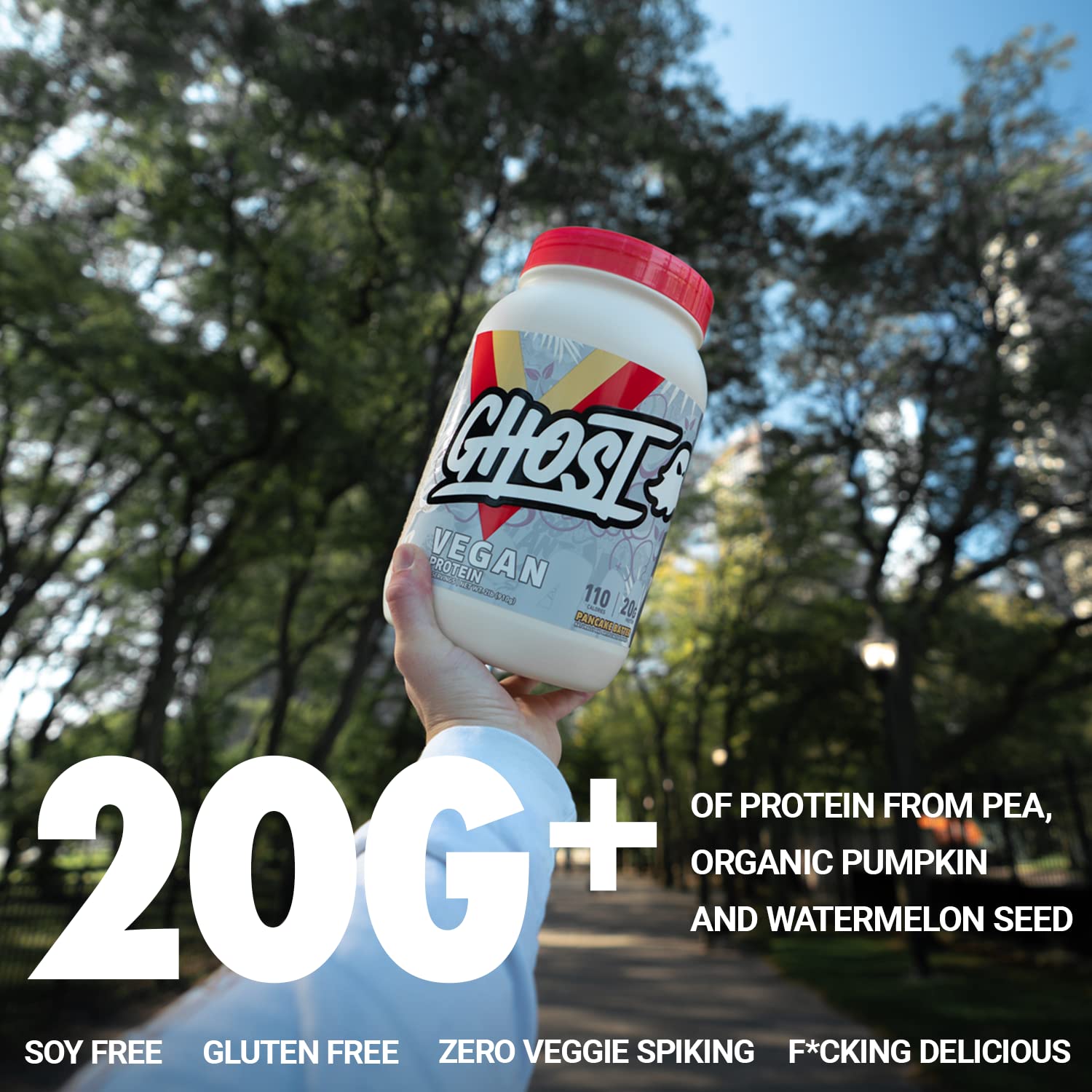 Ghost Vegan Protein container with red lid, soy free plant-based protein blend