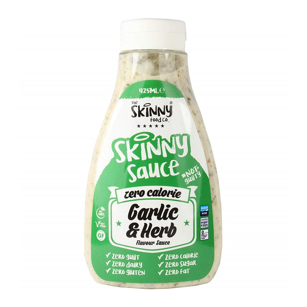 Bottle of The Skinny Food Co Skinny Sauce with zero calorie garlic and herb flavor