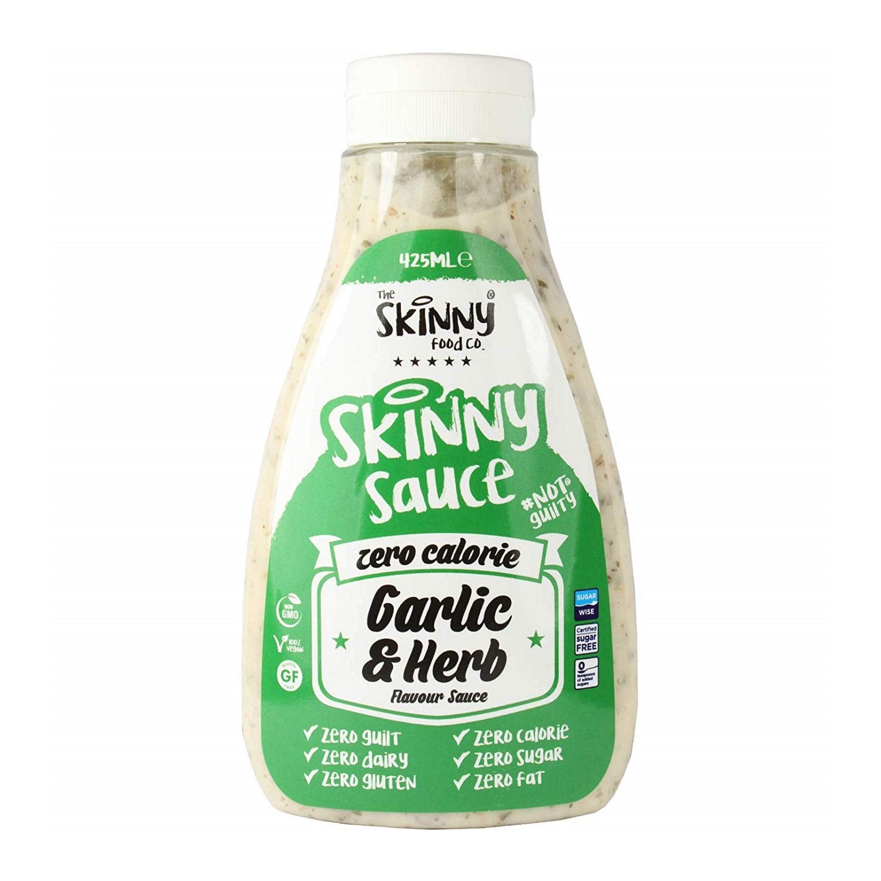 Bottle of The Skinny Food Co Skinny Sauce with zero calorie garlic and herb flavor