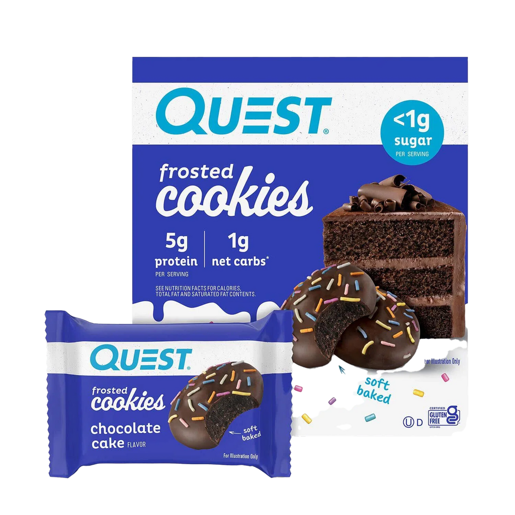 Quest Frosted Cookies twin packs with chocolate cake flavor, low sugar, 5g protein