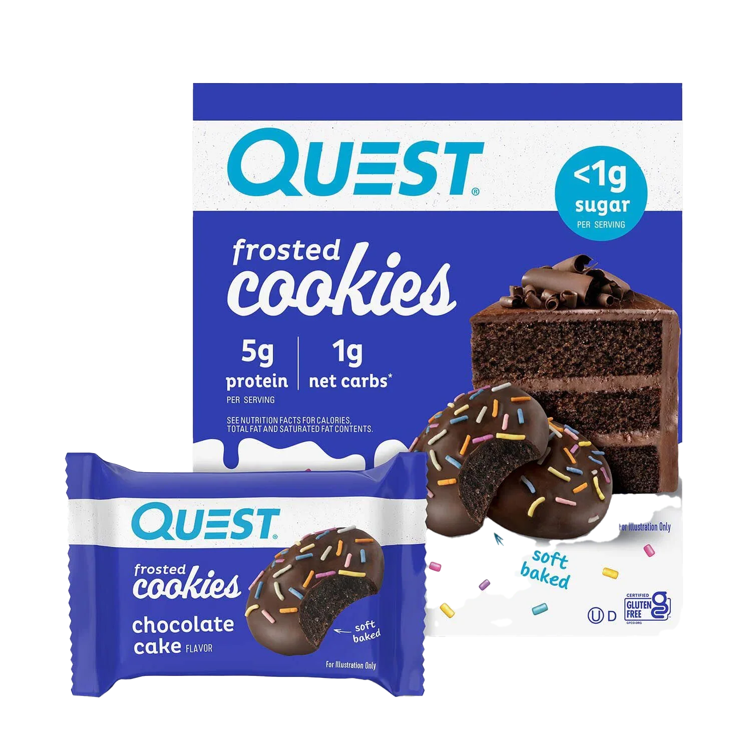 Quest Frosted Cookies twin packs with chocolate cake flavor, low sugar, 5g protein