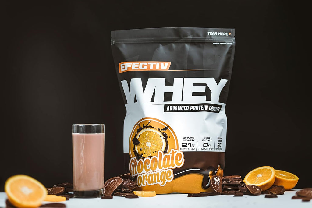 Efectiv Nutrition Whey Protein with Chocolate Orange flavor for lean muscle and highly bioavailable whey