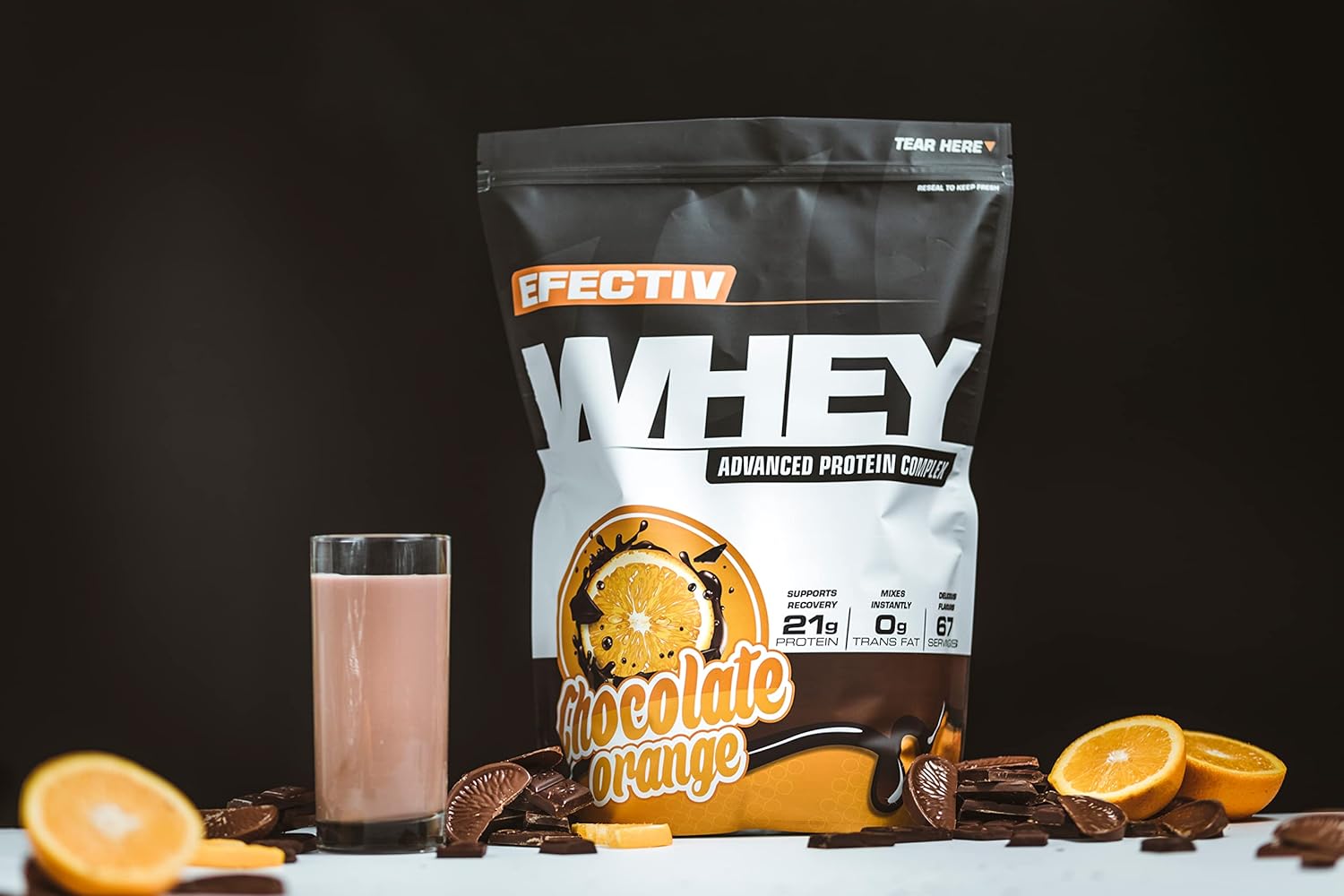 Efectiv Nutrition Whey Protein with Chocolate Orange flavor for lean muscle and highly bioavailable whey