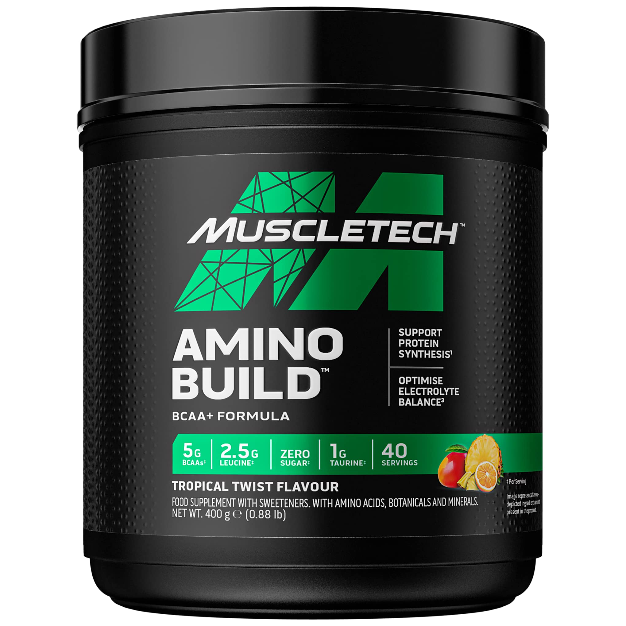 Black plastic tub of Muscletech Amino Build BCAA Tropical Twist flavor for muscle recovery