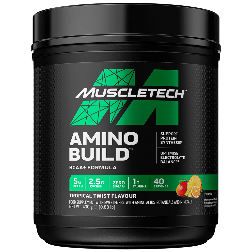 Black Muscletech Amino Build BCAA+ Tropical Twist powder container with 40 servings