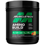 Black Muscletech Amino Build BCAA+ Tropical Twist powder container with 40 servings