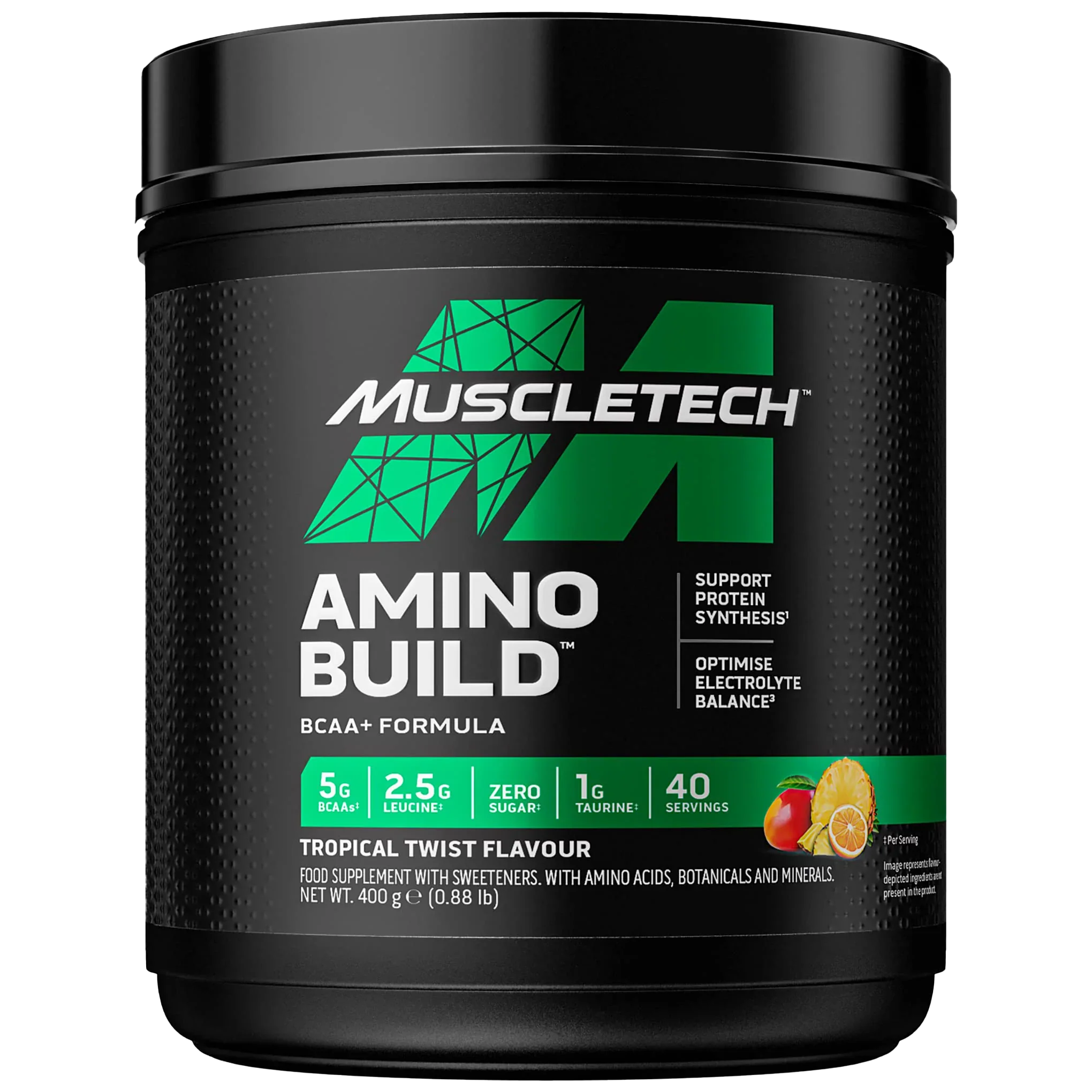 Black Muscletech Amino Build BCAA+ Tropical Twist powder container with 40 servings