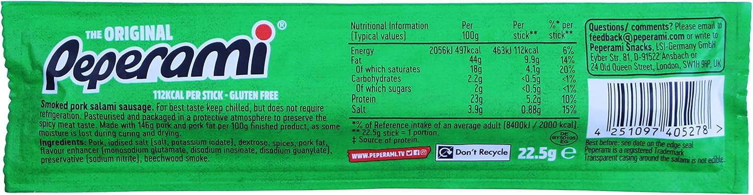 Green Peperami snack stick from Peperami Salami product line, tasty and spicy snack