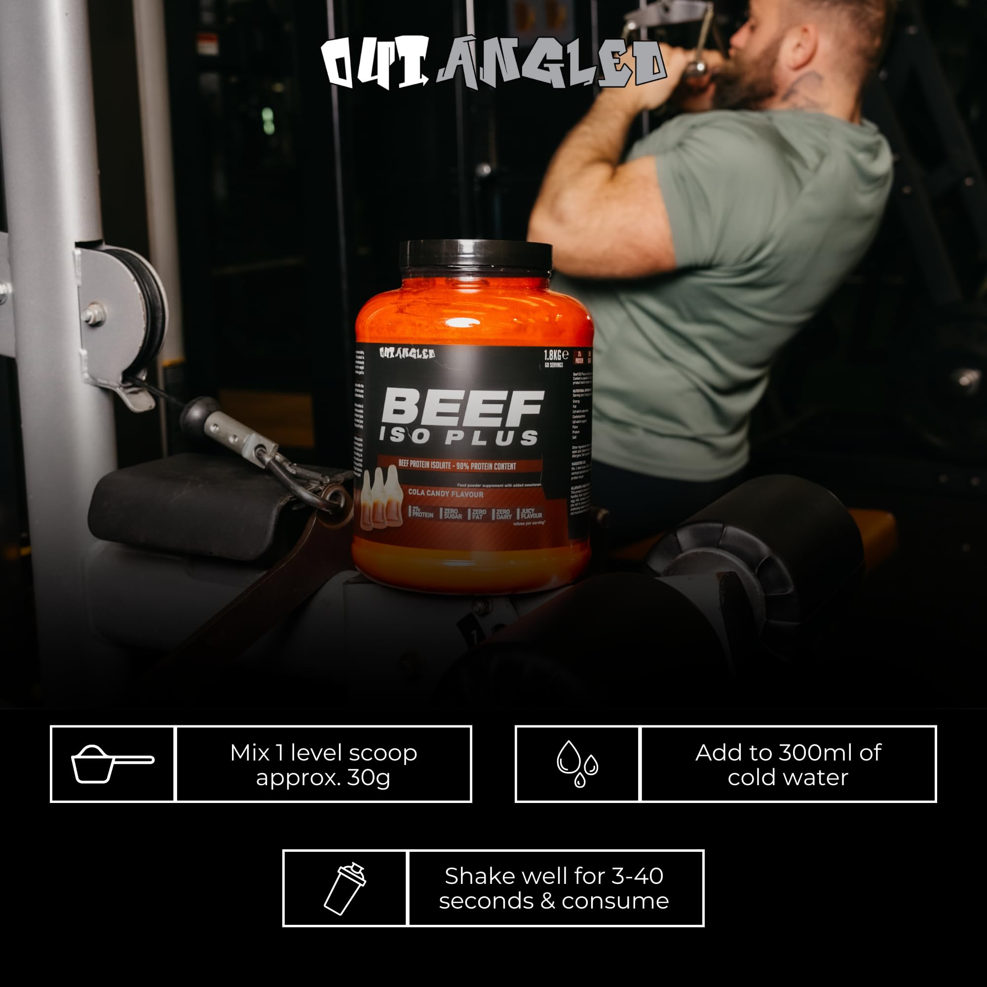 Orange tub of Outangled Beef Iso Plus beef protein isolate supplement product