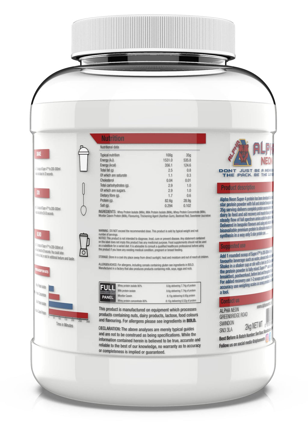 Alpha Neon SUPER 4 - Protein Blend Powder (Whey Protein Concentrate Whey Protein Isolate Calcium Caseinate Micellar