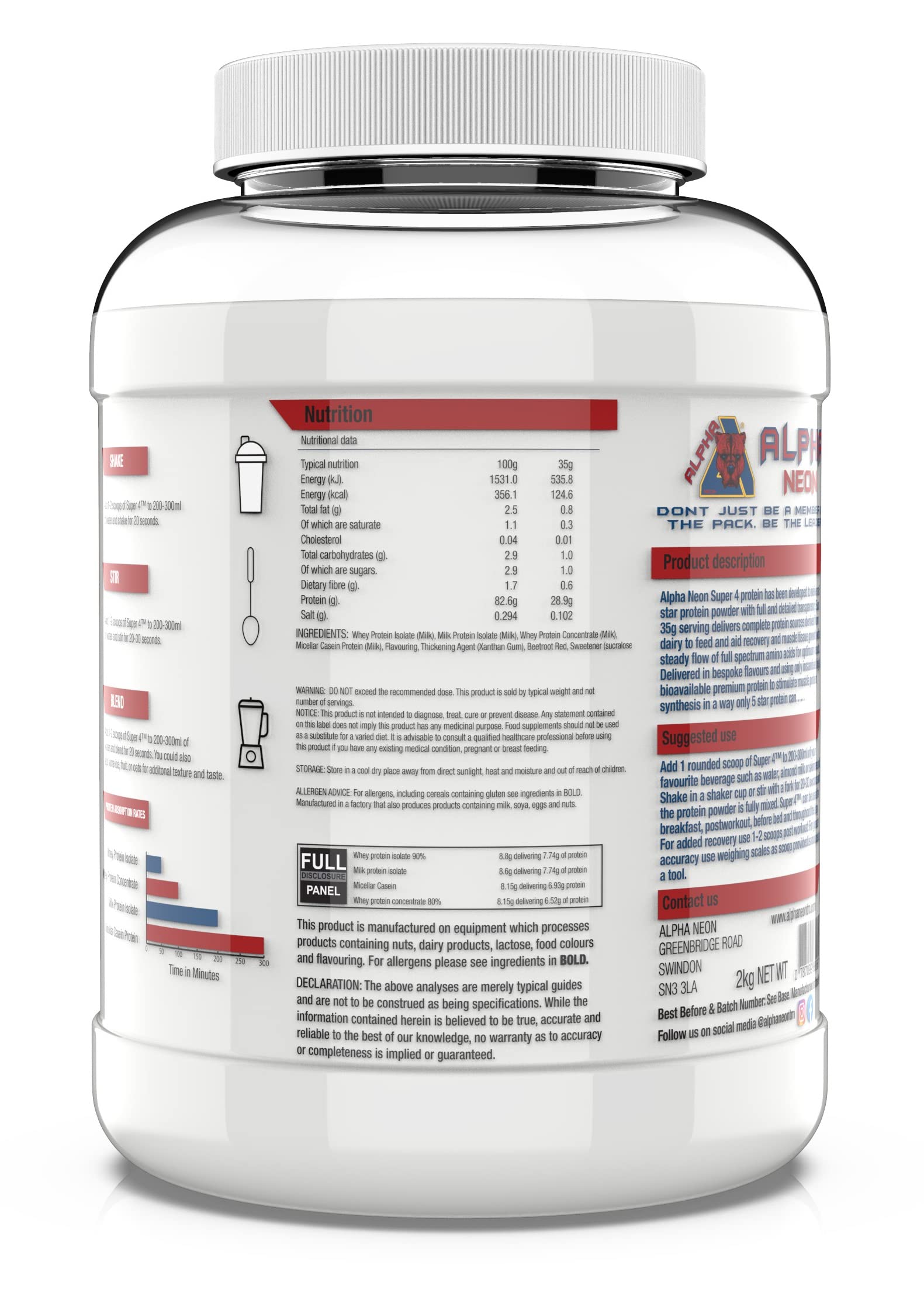 Alpha Neon SUPER 4 - Protein Blend Powder (Whey Protein Concentrate Whey Protein Isolate Calcium Caseinate Micellar