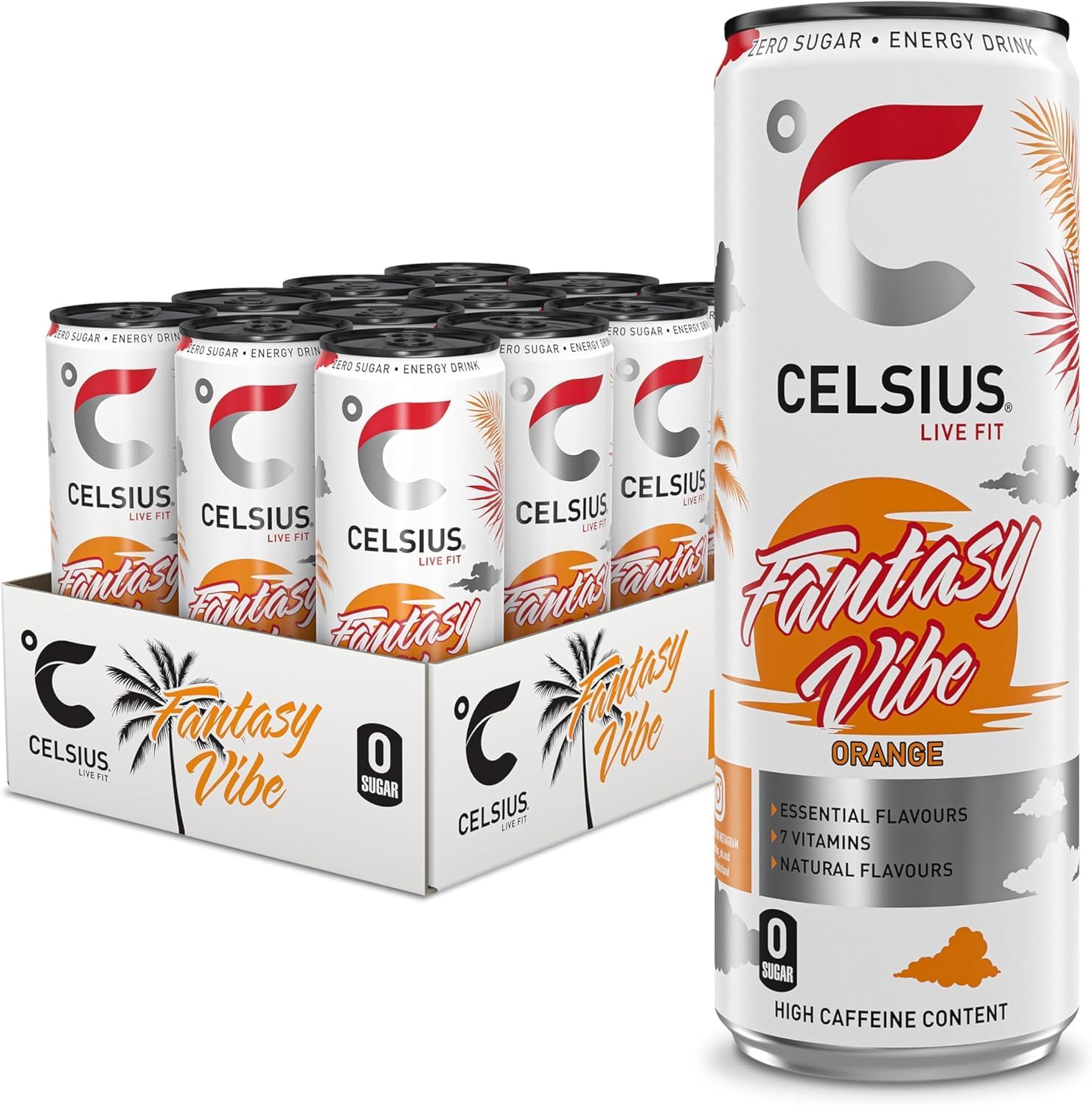 Celsius Energy Drink with Celsius Fantasy Vibe Orange for a refreshing fruit-forward boost