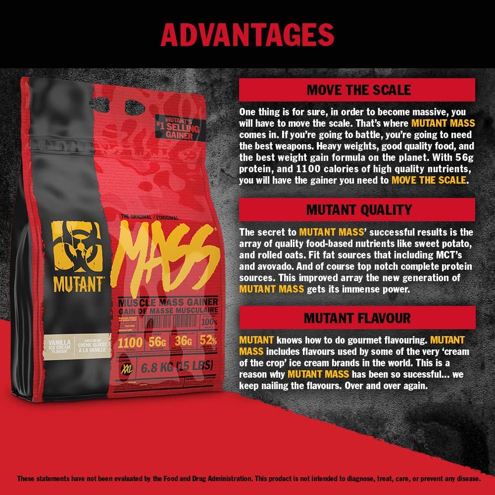 Large Mutant Mass muscle gainer bag in red and black packaging for serious gains