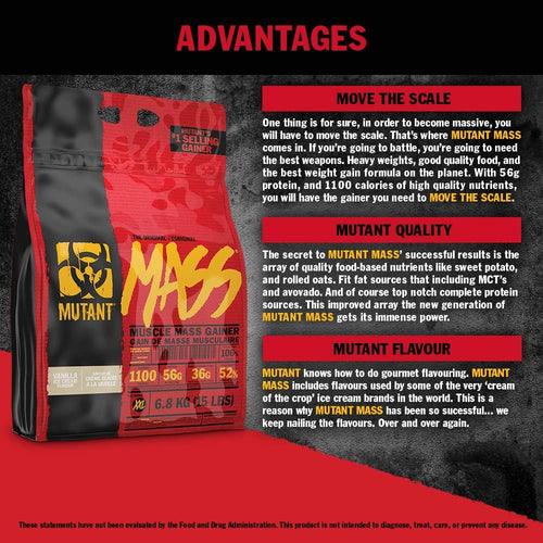 Large Mutant Mass muscle gainer bag in red and black packaging for serious gains