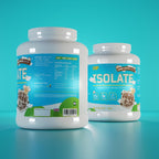 Two CNP Isolate tubs with sky blue and green labels featuring whey protein isolate
