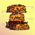 Misfits Plant-Based Protein Bar with caramel, chewy core, and crispy coating